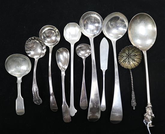 A George II silver apostle spoon (marks rubbed) and a collection of small silver sauce ladles, condiment spoons ,etc